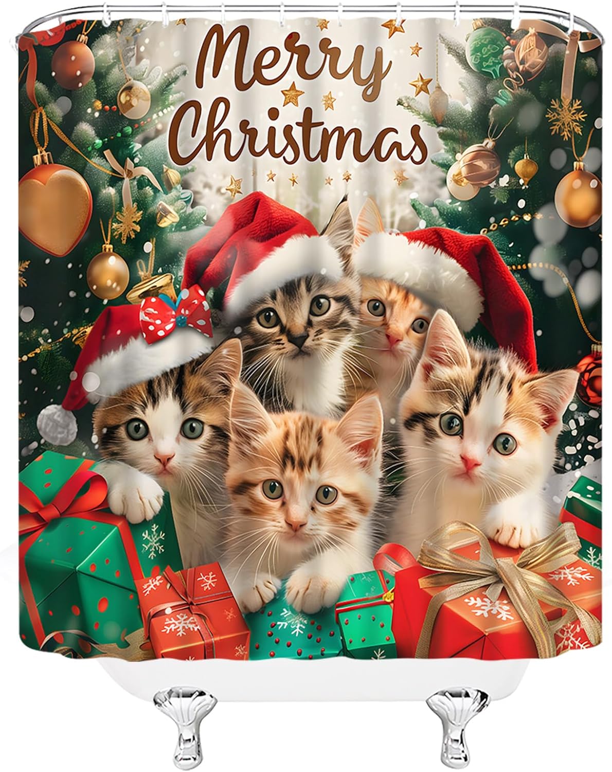 Christmas Cat Shower Curtain Kitty Cute Pet Xmas Hat Ball Pine Tree Winter Lovely Cartoon 108" Wx70 H Fabric Bathroom Decor Curtain with Hooks