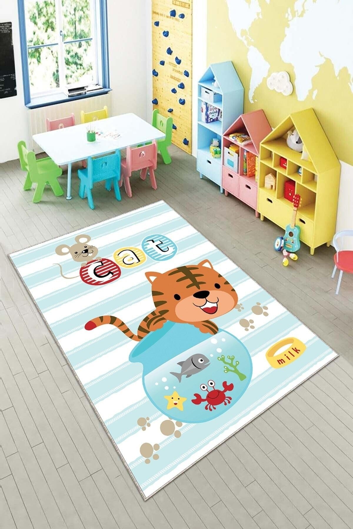 Pelangi Mavi Kedi Desenli Yıkanabilir Kaymaz Taban Leke Tutmazbebek Ve Çocuk Odası Halısı, Mavi 100 x 250