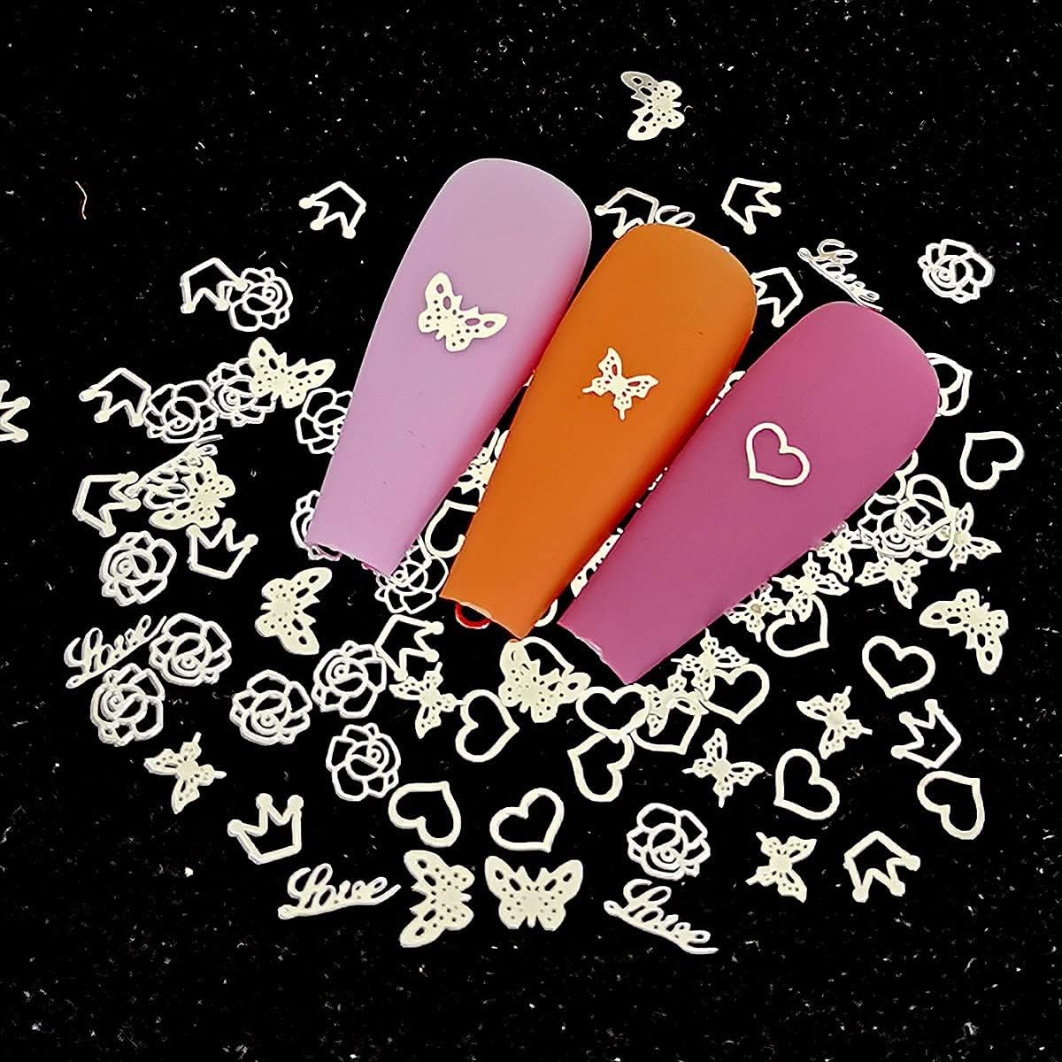 Seyafan 600pcs Silver Heart 3D Nail Charms Butterfly Thin Metal Nail Studs Decals Metallic Nail Art Stickers Sequins for Women Girls DIY Nail Decorations Accessories with Tweezers Embossed Mold : Beauty & Personal Care