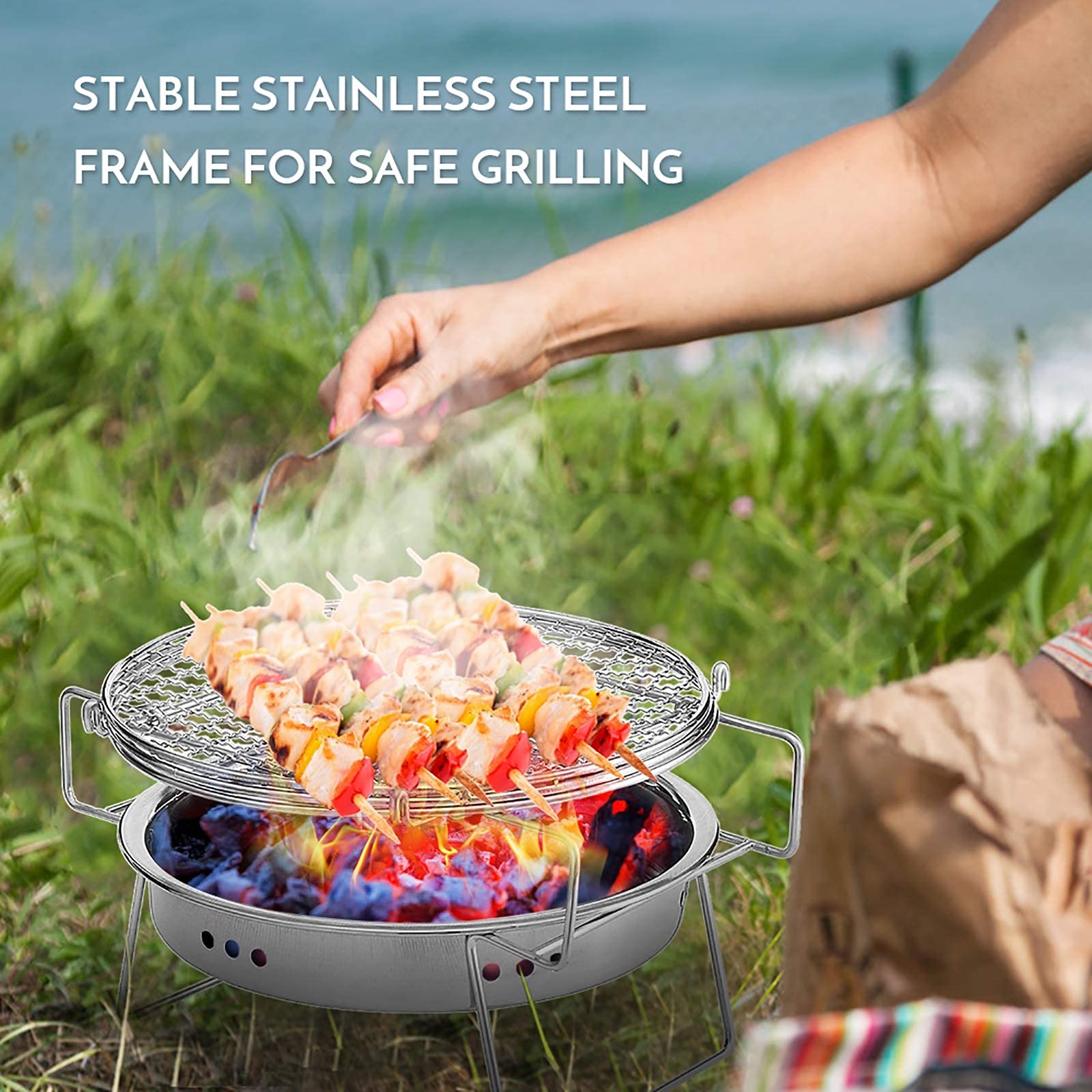 Składana kuchenka kempingowa Mini BBQ, 12-calowy grill ze stali nierdzewnej do grillowania pikników kempingowych, grill węglowy z wyjmowaną tacą, łatwy do czyszczenia
