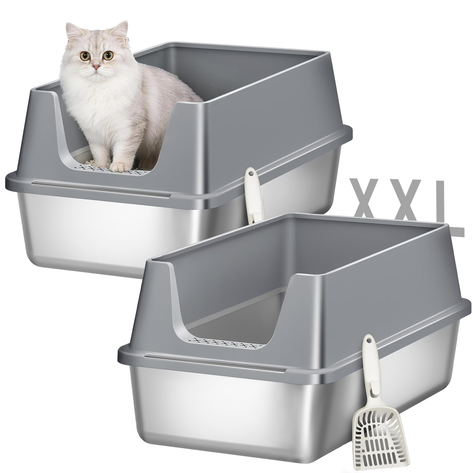 Arenero Acero Inoxidable Gatos Paquete de 2, XXL Arenero Metalico para Gatos, Caja de Arena Grande para Gato, Laterales Altos, Incluye Pala, Fácil de Limpiar, 60,5 x 40 x 29cm, Gris Claro