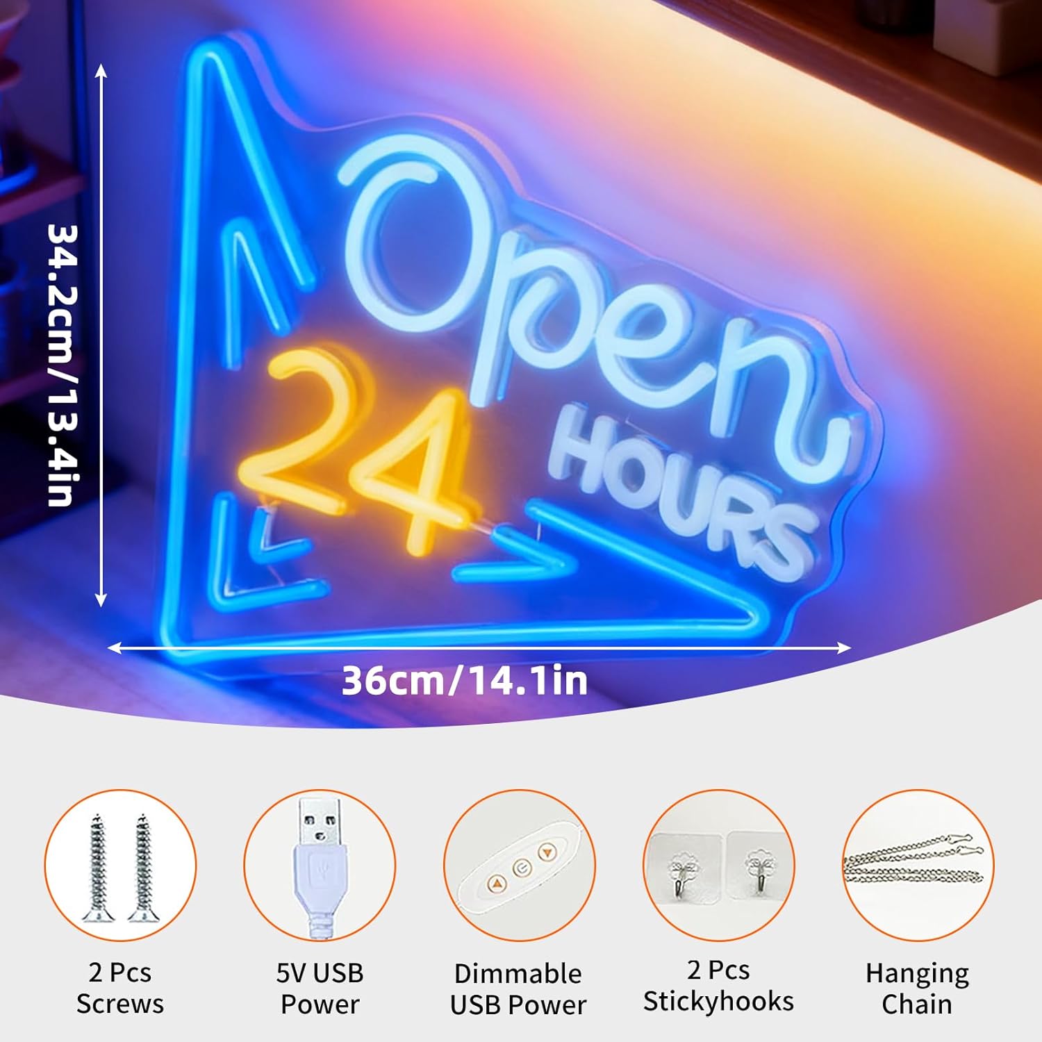 24 Hours Open Neon Sign, USB Powered Decorative Light 24 7 Business Open Sign for Store Shop Cafe Bar Home Wall Table Neon Decor, 14.2 x 13.5 In