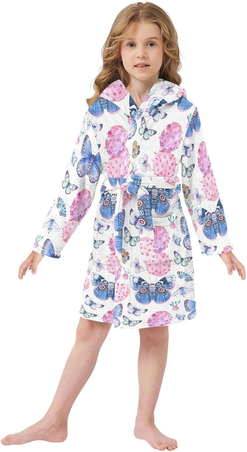 senya Pink Opuntia Cactus Toddler Hooded Bathrobe Kids Soft Plush Bath Towel Robes for Boys Girls 2-12 Years