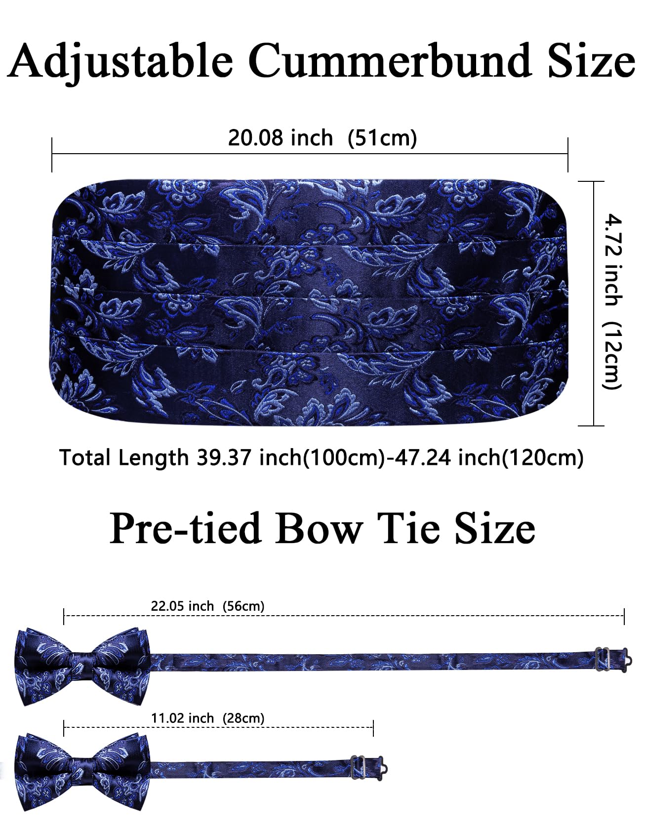 Fliege und Kummerbund Set Paisley Floral Smoking Kumberband für Herren mit vorgebundener Fliege Einstecktuch Hochzeit Galas