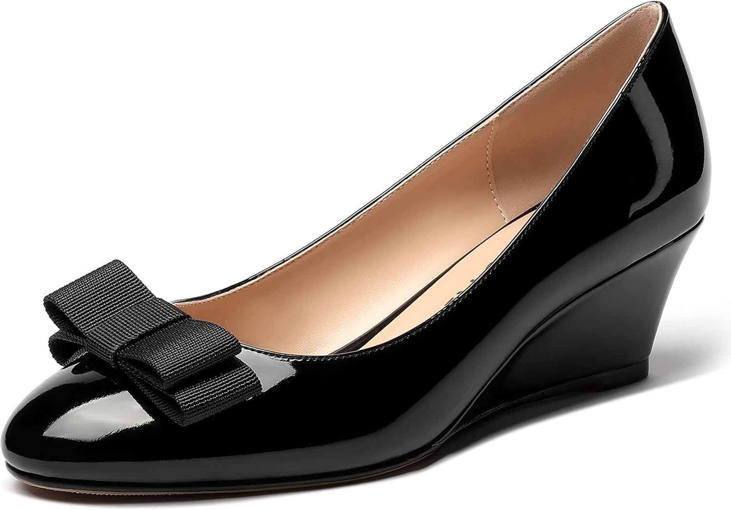 MERRORI Women's Round Toe Patent Slip On Dress Shoes Bow Wedge Low Heel Pumps Shoes 2 Inch