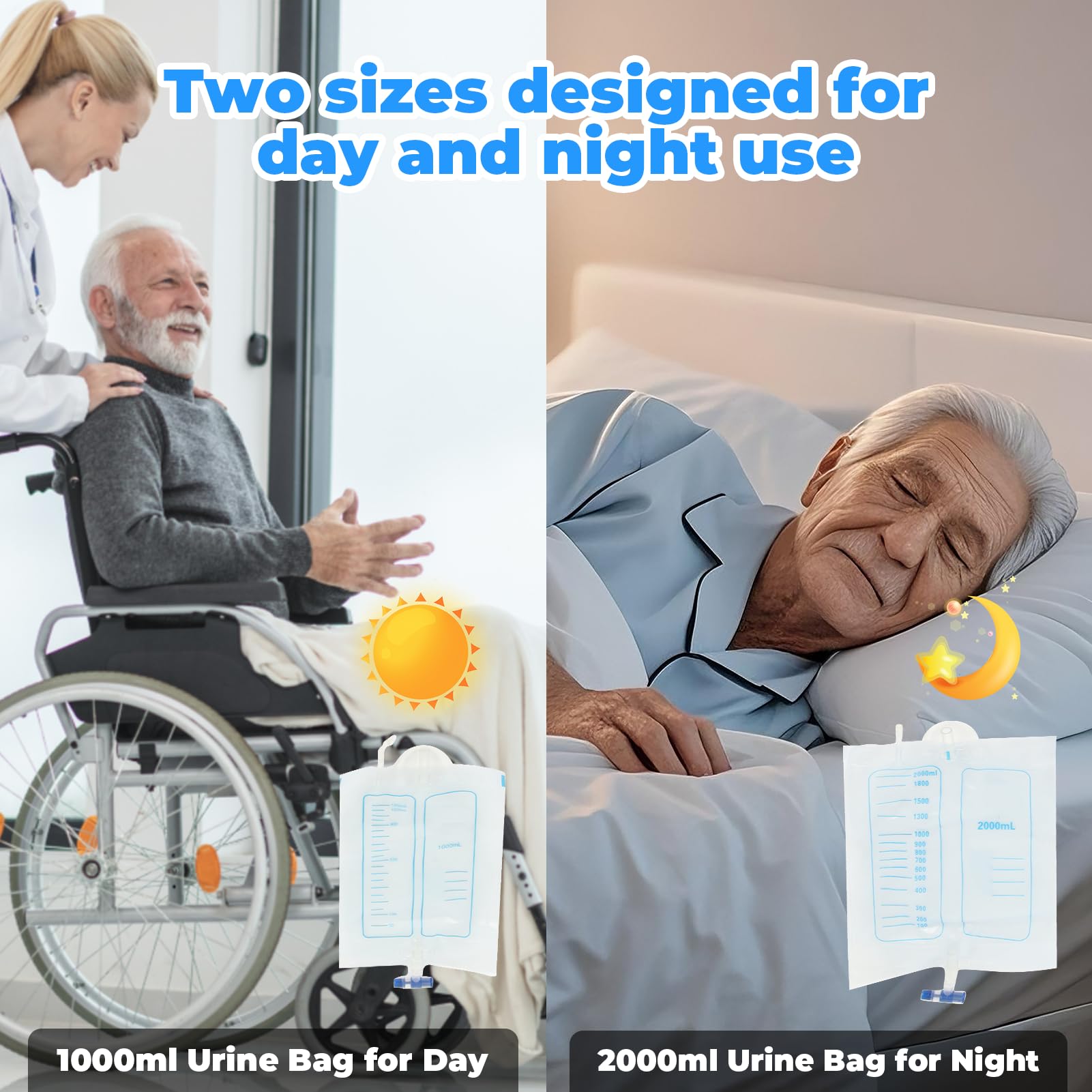 Bolsa de orina portátil de 1000 ml, 2000 ml, cintura para incontinencia de orina, colector de orina con catéter de orina para hombres mayores postrados en cama