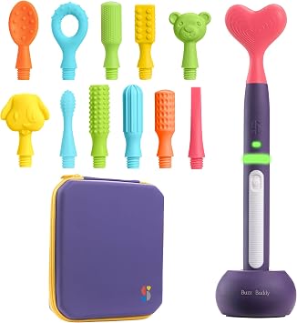 Special Supplies Rechargeable Buzz Buddy Oral Motor Stimulation kit with 12 Soft Textured Interchangeable Heads, Calm Sensory Needs, Support Speech, and Stimulate Self Feeding, Gentle Vibrations