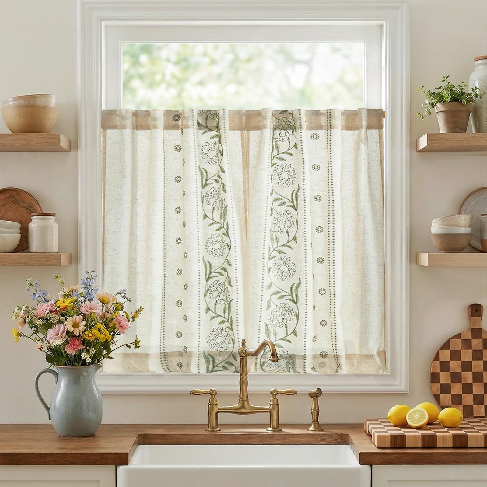 jinchan Green Floral Linen Cafe Curtains