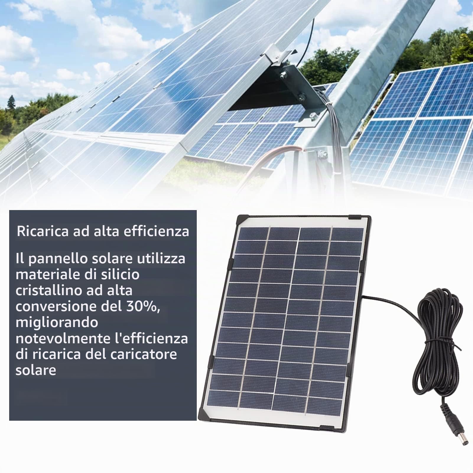 Fdit Pannello Solare 6W 12V per Telecamera Esterna, Impermeabile IP65 Leggero 205g con Supporto Regolabile