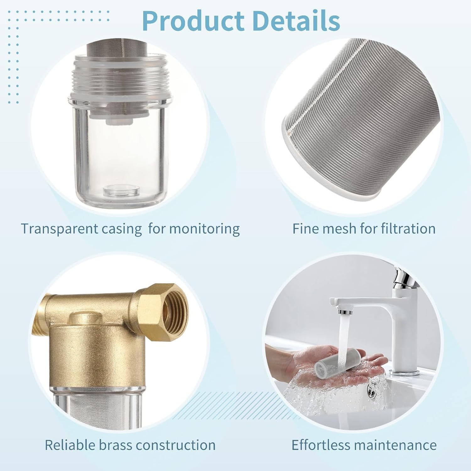 Inline Water Filter for Washing Machine, Electric Water Heater, Shower and Garden Hose, Sediment Filter, Anti Clogging, 3.7 x 3.3 x 2.0 in