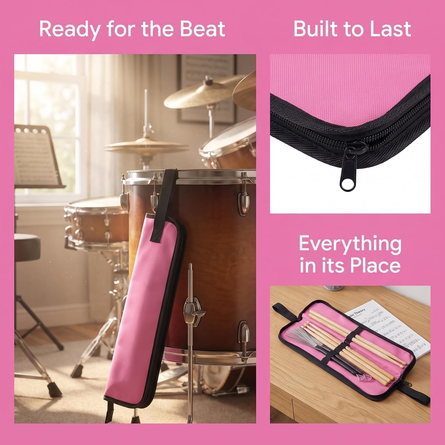 Vaguelly Drum Stick Bag Portable Drumsticks Bag with 2 Compartments Hook Straps Gripped Handle Water-Resistant Drum Accessory for Sticks Mallets Percussion Instrument Accessories