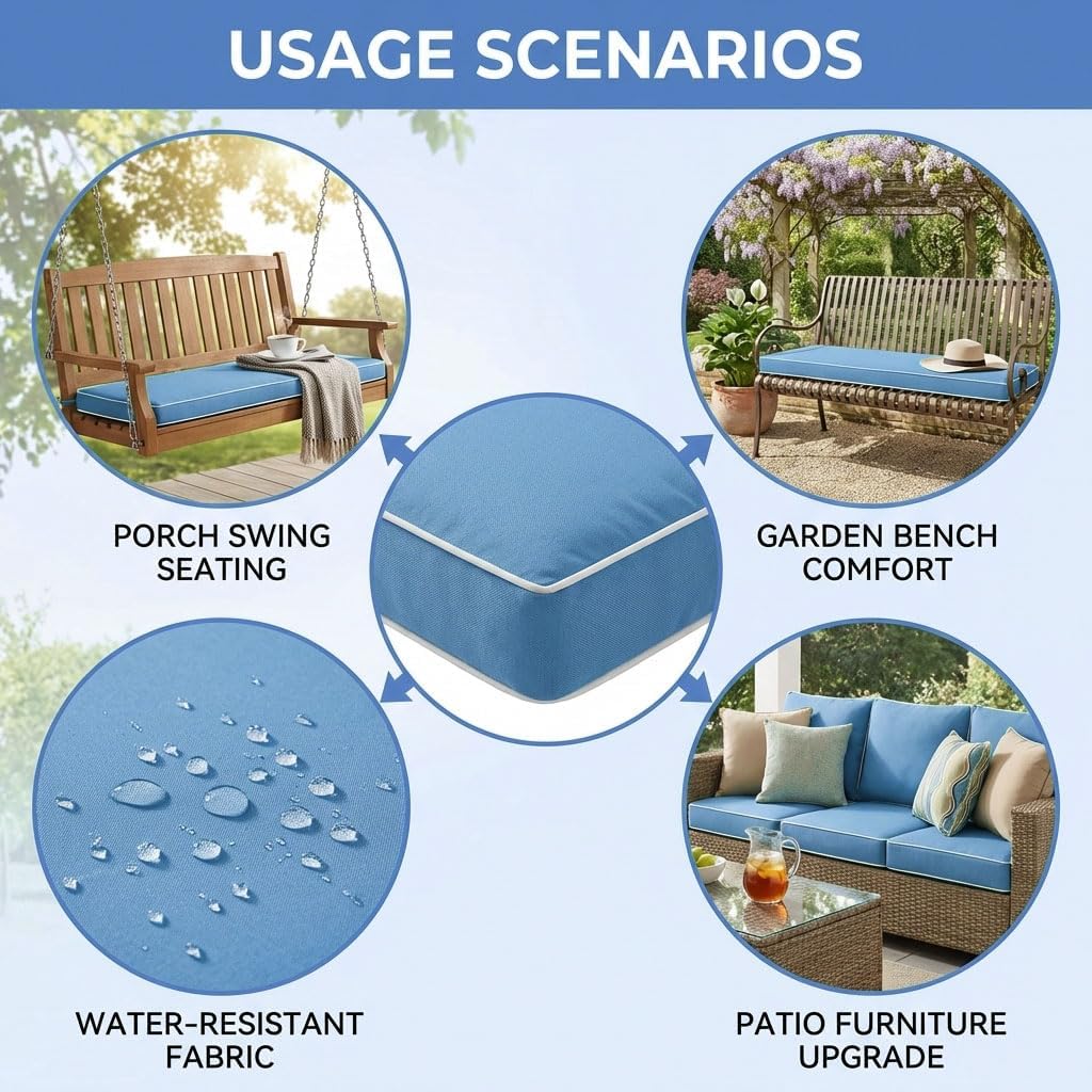 60 Inches Outdoor Bench Swing Cushions,Large 3 Seater Water Resistance Foam Cushion for Patio Porch Furniture