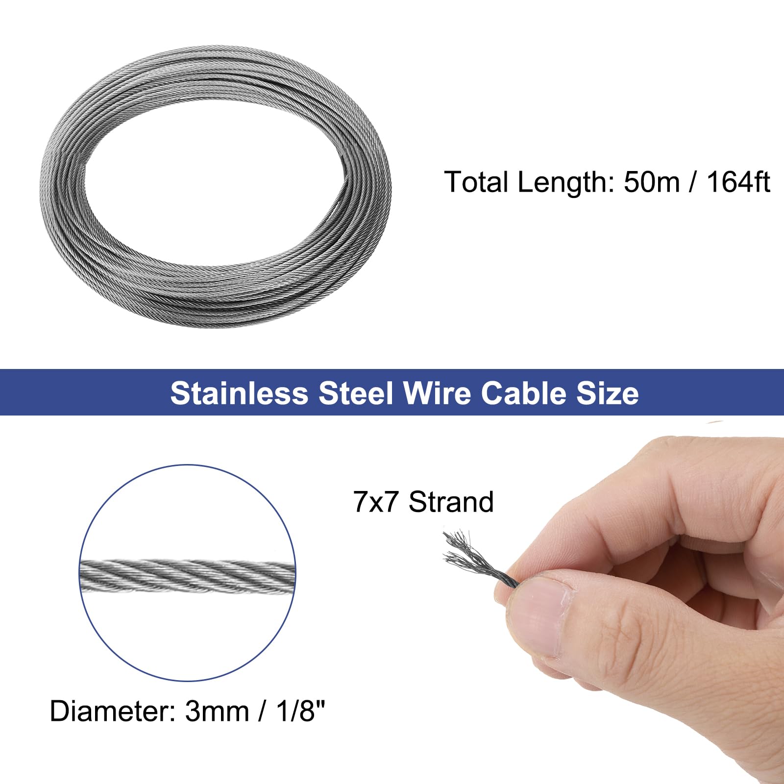 QUARKZMAN 1/8" (3mm) 164ft (50m) Cavo In Acciaio Inossidabile 304 Filo D'acciaio 7 x 7 Trecciati Nucleo Filo Per Aerei Per Costruzioni All'aperto Marina Imbracatura Ponte Ringhiere