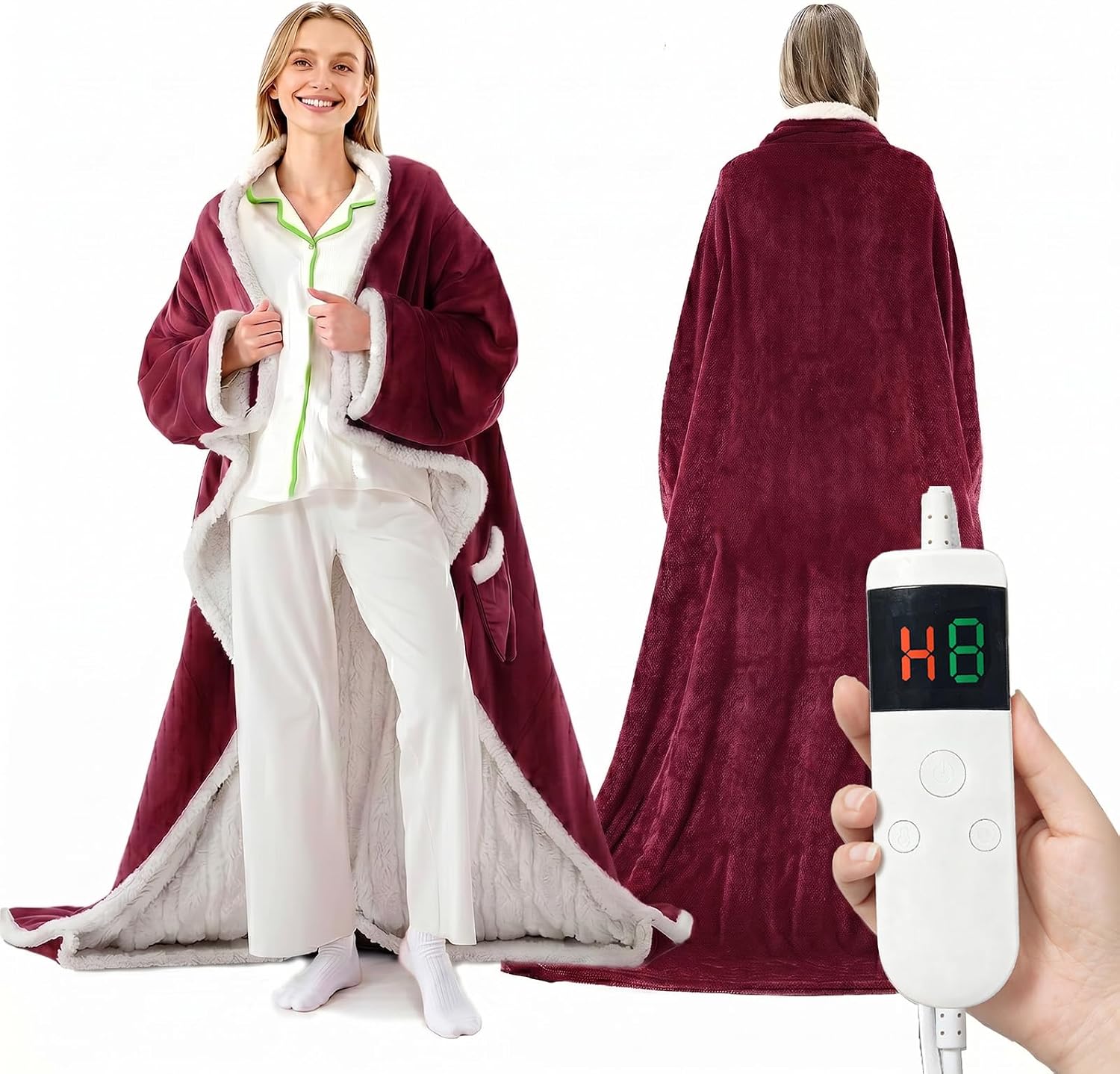 Wearable Heated Blanket With Sleeves & Foot Pocket, Heated Throw Blankets Fast Heating Blanket With 10 Heat Settings Auto Shut Off Over-Heat Protection-Warm Gift, Machine Washable, 52”*72”+18”