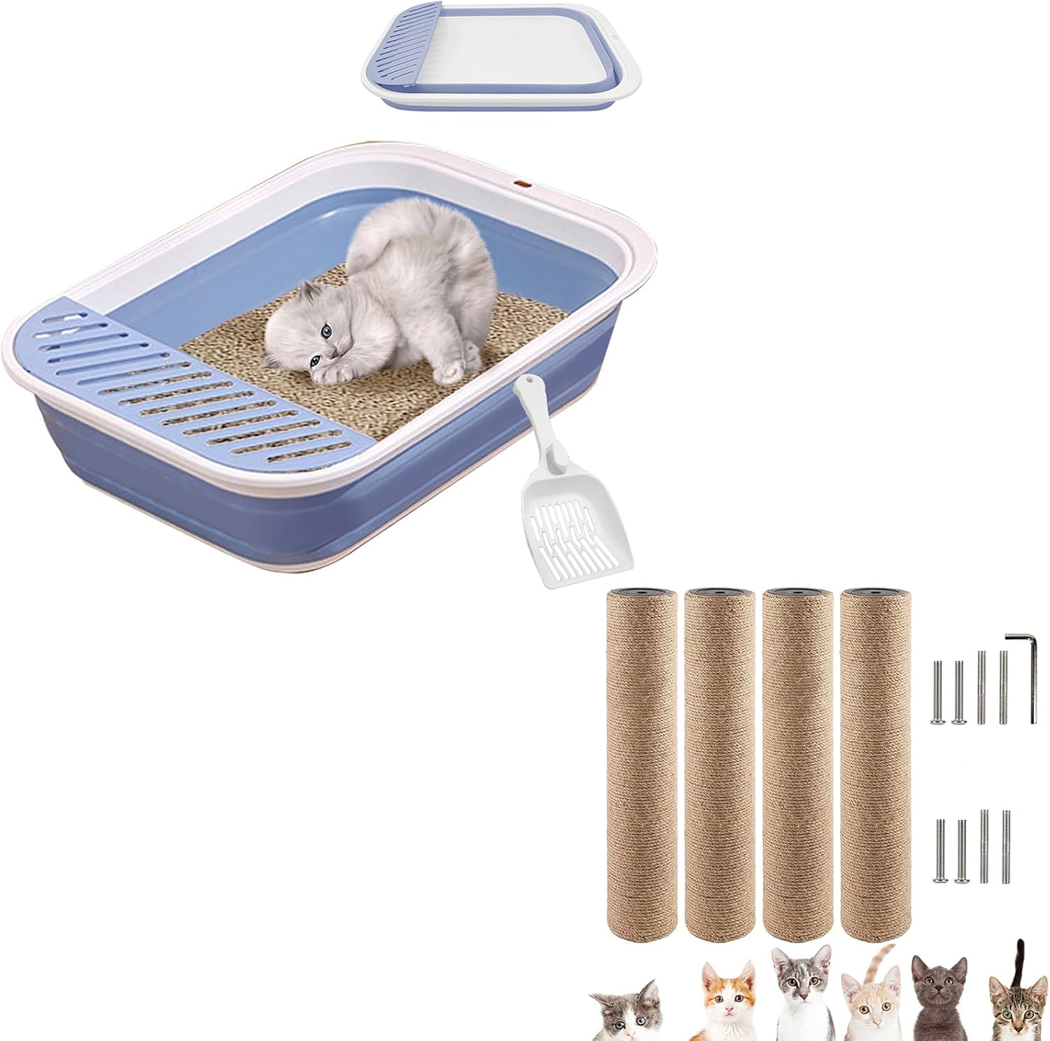 VCEPJH Collapsible Small Cat Litter Box Open Kitten Potty Pan with Scoop and 4-Piece Cat Scratching Post Replacement - 15.7in Refill Pole Parts with Jute Rope