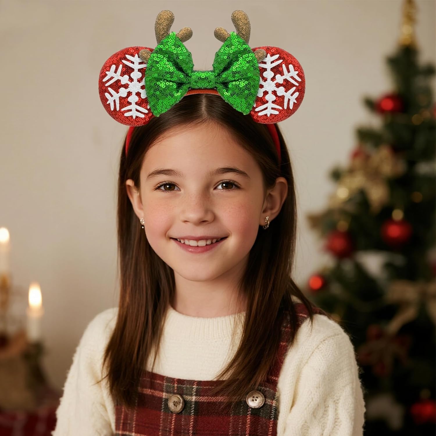 Christmas Headband with Antlers - Glitter Mouse Ear Holiday Headband for Women Girls, One Size for Kids & Adults, Cute Xmas Photo Prop Party Favor (Red Ears) Red Snowflake