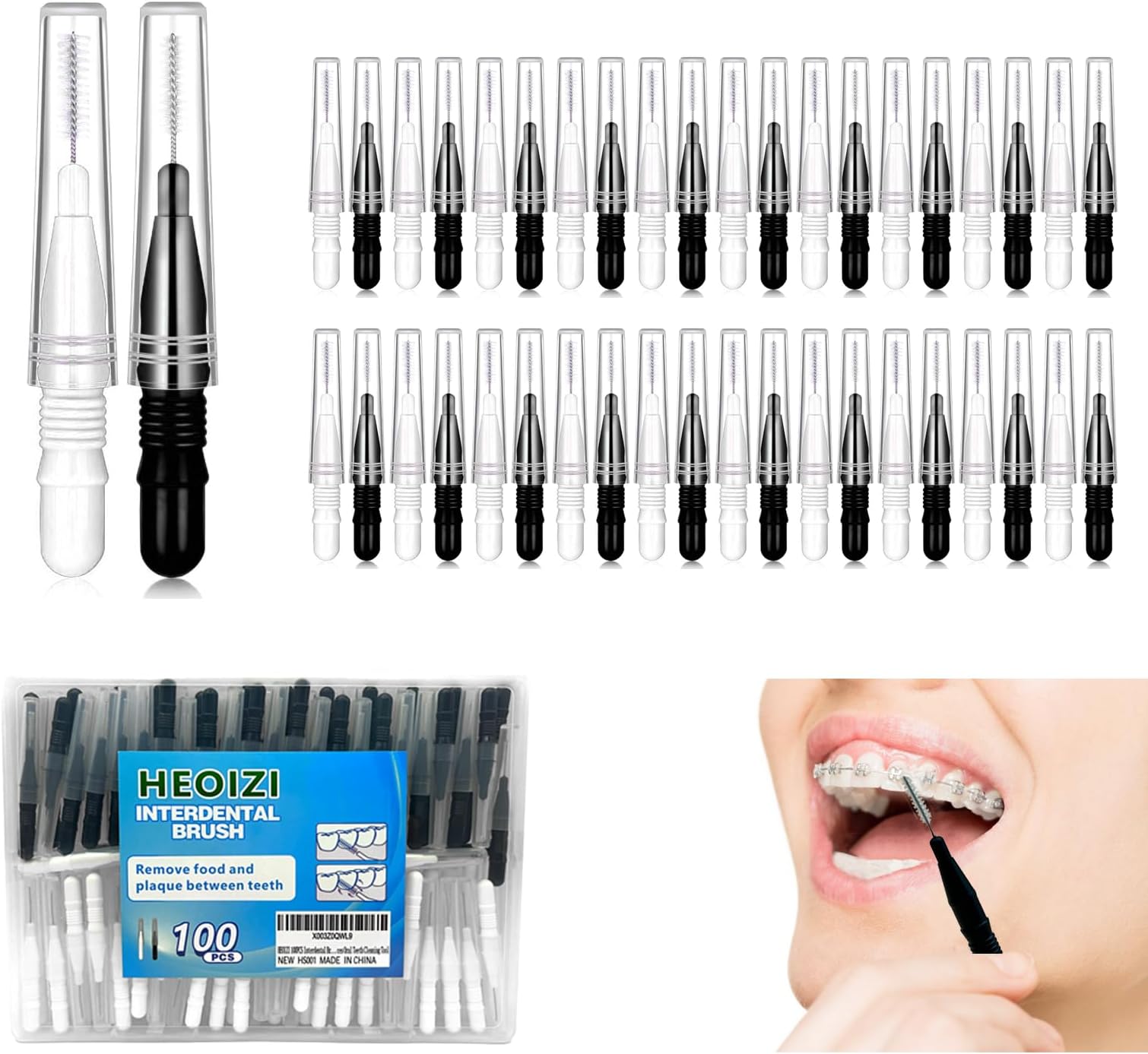 100PCS Interdental Brushes 2 Sizes, 360° Bendable Soft Bristles Braces Brush Dental Brushes Between Teeth Gum Interdental Brushes for Gum Braces Oral Teeth Cleaning Tool