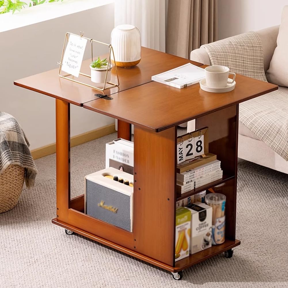 SXZenSpace Couch End Table with 360°Swivel Wheels, Foldable Small Side Tables Storage Shelf,Bamboo Folding Snack for Living Room,Bedroom,walnut,B
