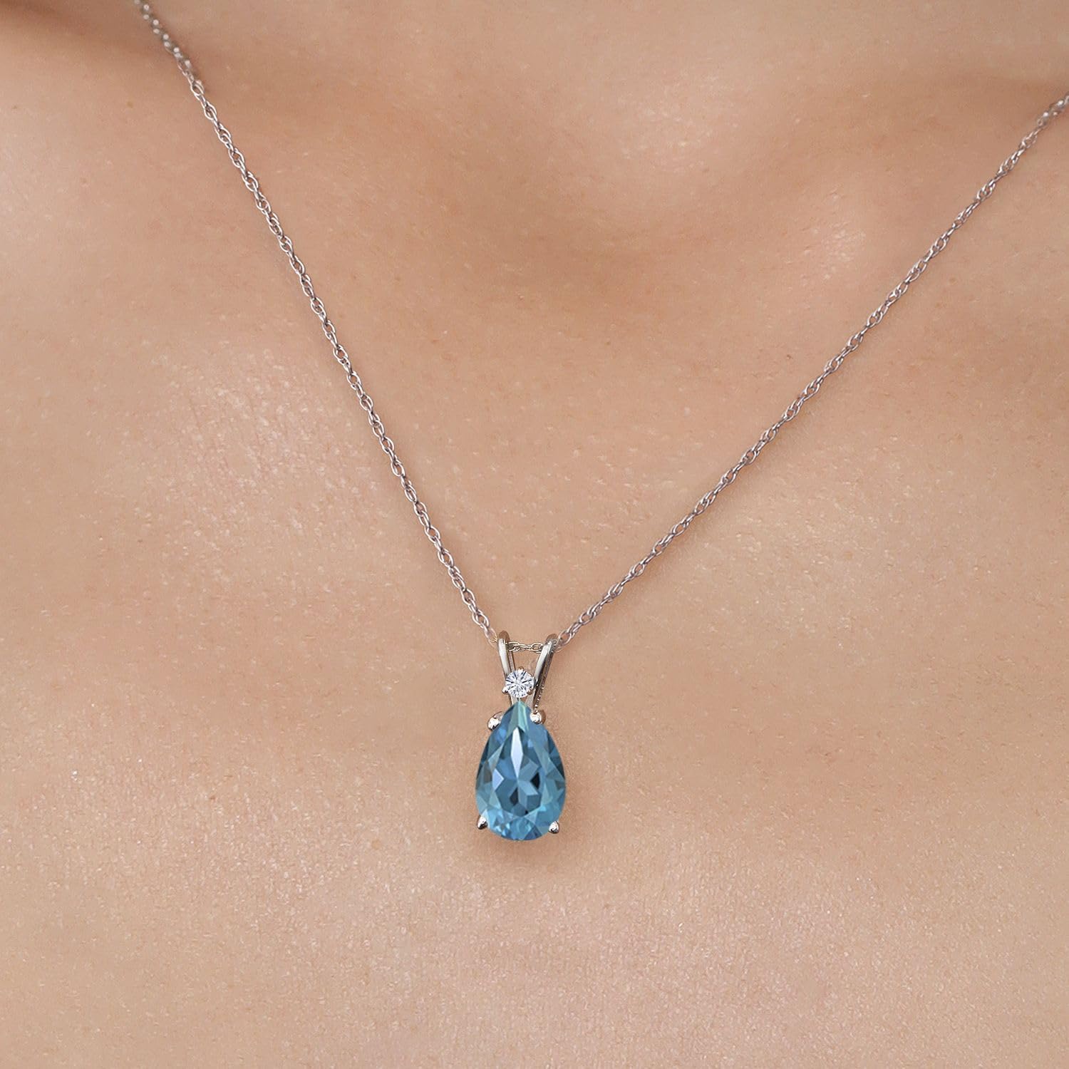 Gem Stone King 14K White Gold London Blue Topaz and White Moissanite Pendant Necklace for Women | 3.39 Cttw | Gemstone November Birthstone | Pear Shape 12X8MM | With 18 Inch Chain - Image 3
