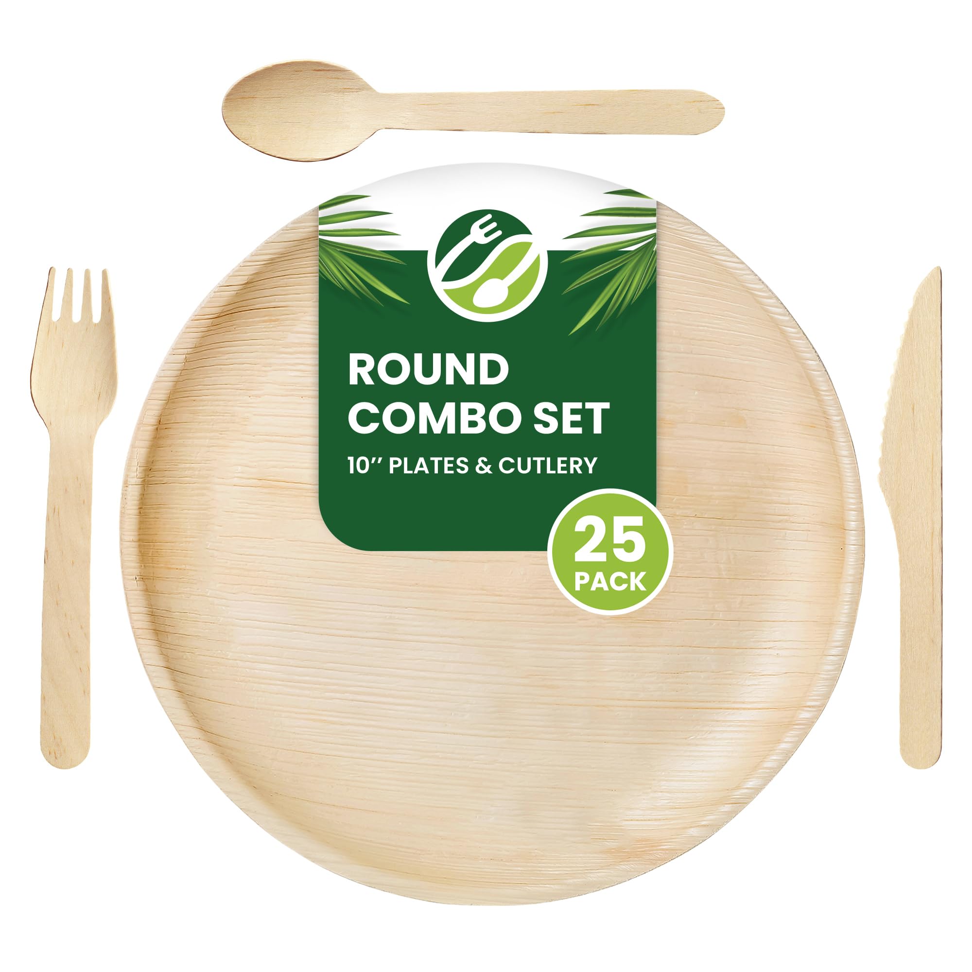 Eco Leaf 100pcs Disposable Palm Leaf Plates and Wooden Cutlery Set – 25 Large Round Plates, 25 Forks, 25 Knives, 25 Spoons – Eco-Friendly, Biodegradable, Perfect for Parties, Events, and Catering