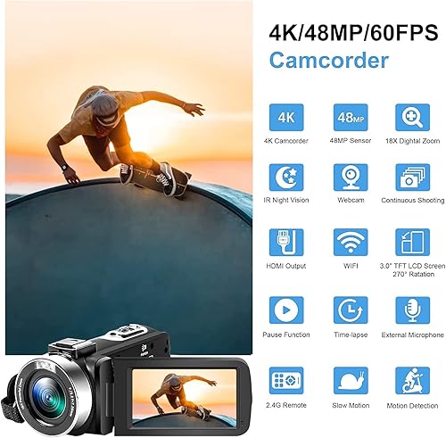 Miniatura 2 de Videocámara 4K Cámara de video 48MP con enfoque automático para YouTube 60FPS 18X Zoom Cámara digital WiFi, micrófono, estabilizador, 2 tarjetas SD