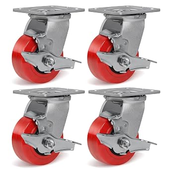 4 Inch Polyurethane Swivel Caster with Brake Heavy Duty 600 lbs 4x2 Locking Replacement Wheel for Cart Dolly Toolbox Trolley