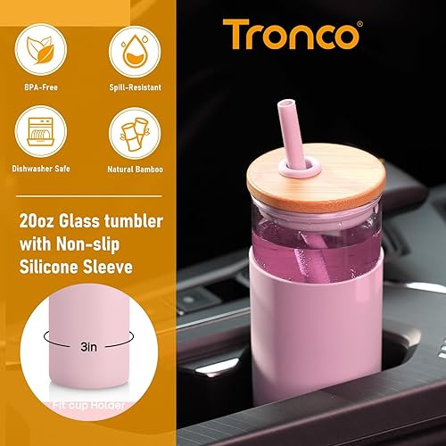Miniatura 51 de Tronco Vaso de vidrio de 20 onzas con tapa y popote, taza de café helado y vaso para batido con tapas de bambú y funda protectora de silicona, apto
