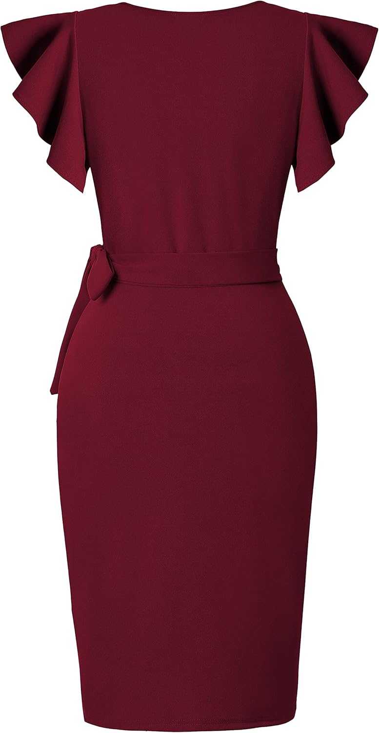 oten Womens Deep V Neck Ruffle Sleeve Sheath Casual Cocktail Party Work Faux Wrap Dress - Image 3