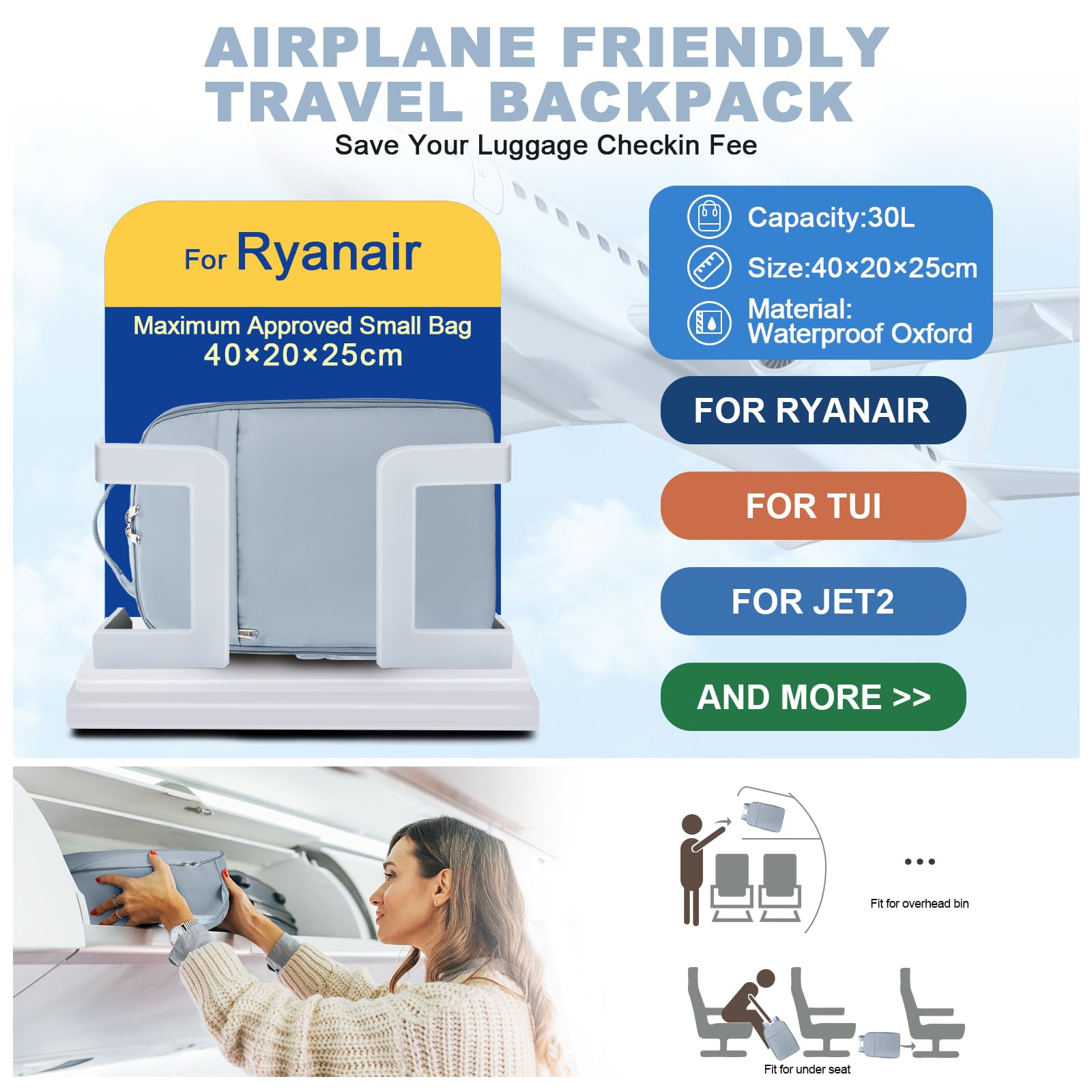 SZLX Zaino Ryanair 40x20x25 e 45x36x20 - Bagaglio a Mano Donna e Uomo, Borsa da Cabina Impermeabile per Laptop 14 Pollici, Zaino da Viaggio