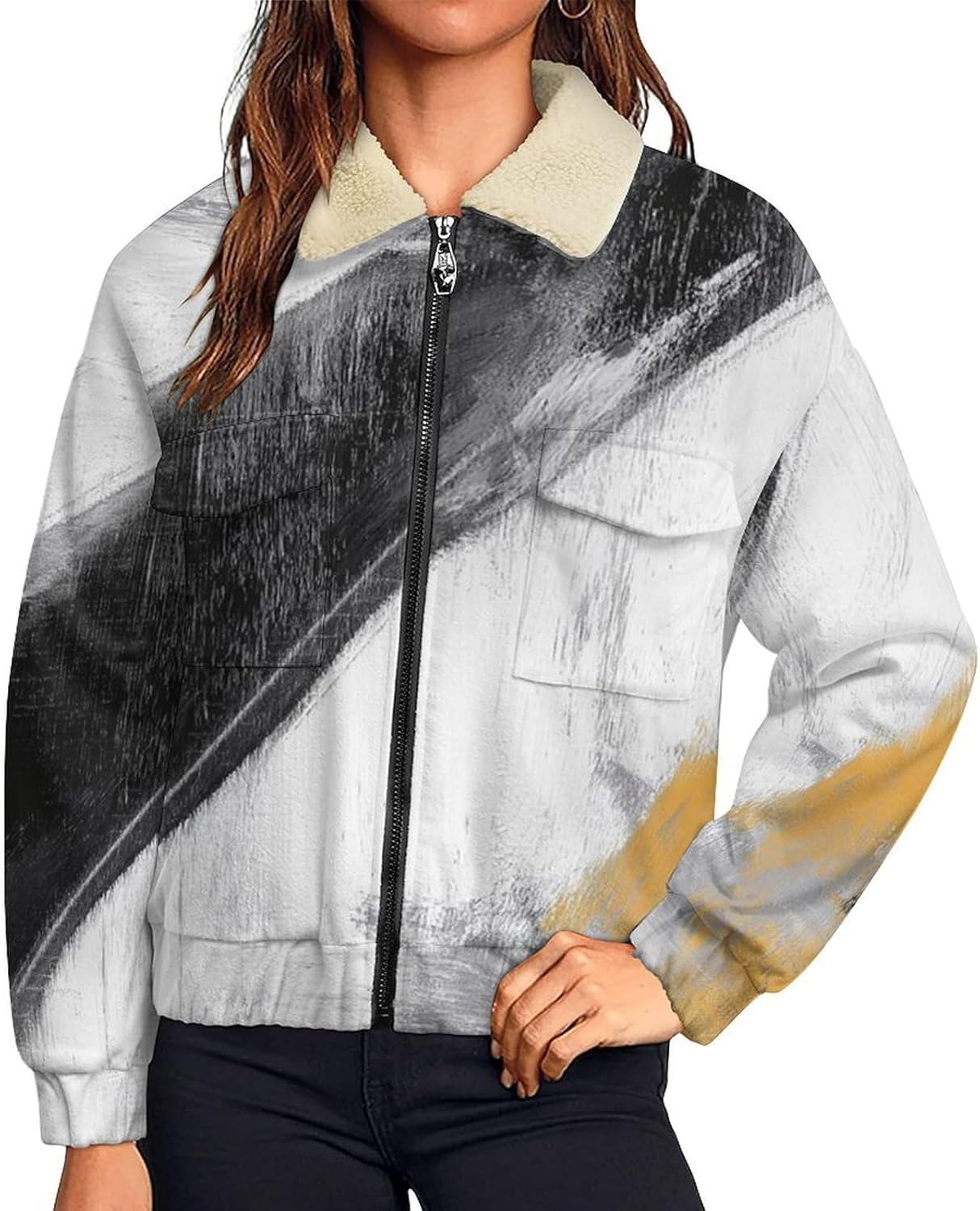 Women's Full Zip Soft Polar Fleece Jacket, Abstraction Brushstrokes Printed Outdoor Coat, Long Sleeve Outerwear