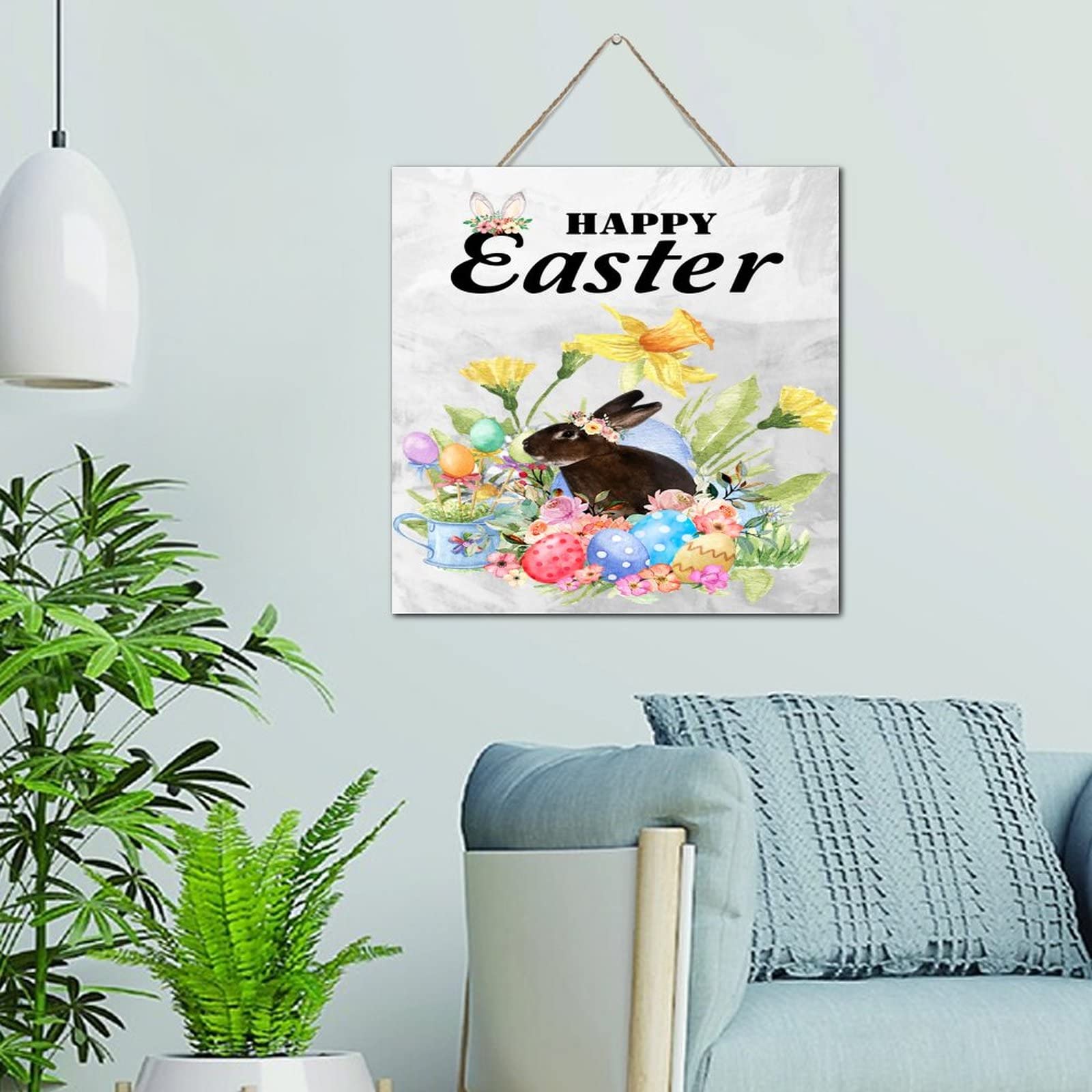 Panneau mural lapin de Pâques déco rustique bois 30x30 cm