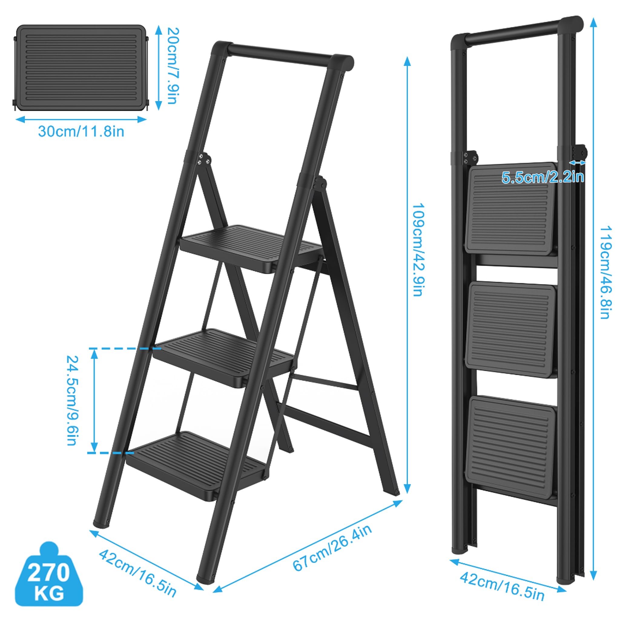 XMTECH Escabeau pliable à 3 marches avec main courante - Avec large pédale antidérapante - Charge maximale : 270 kg - Pour la maison, le bureau