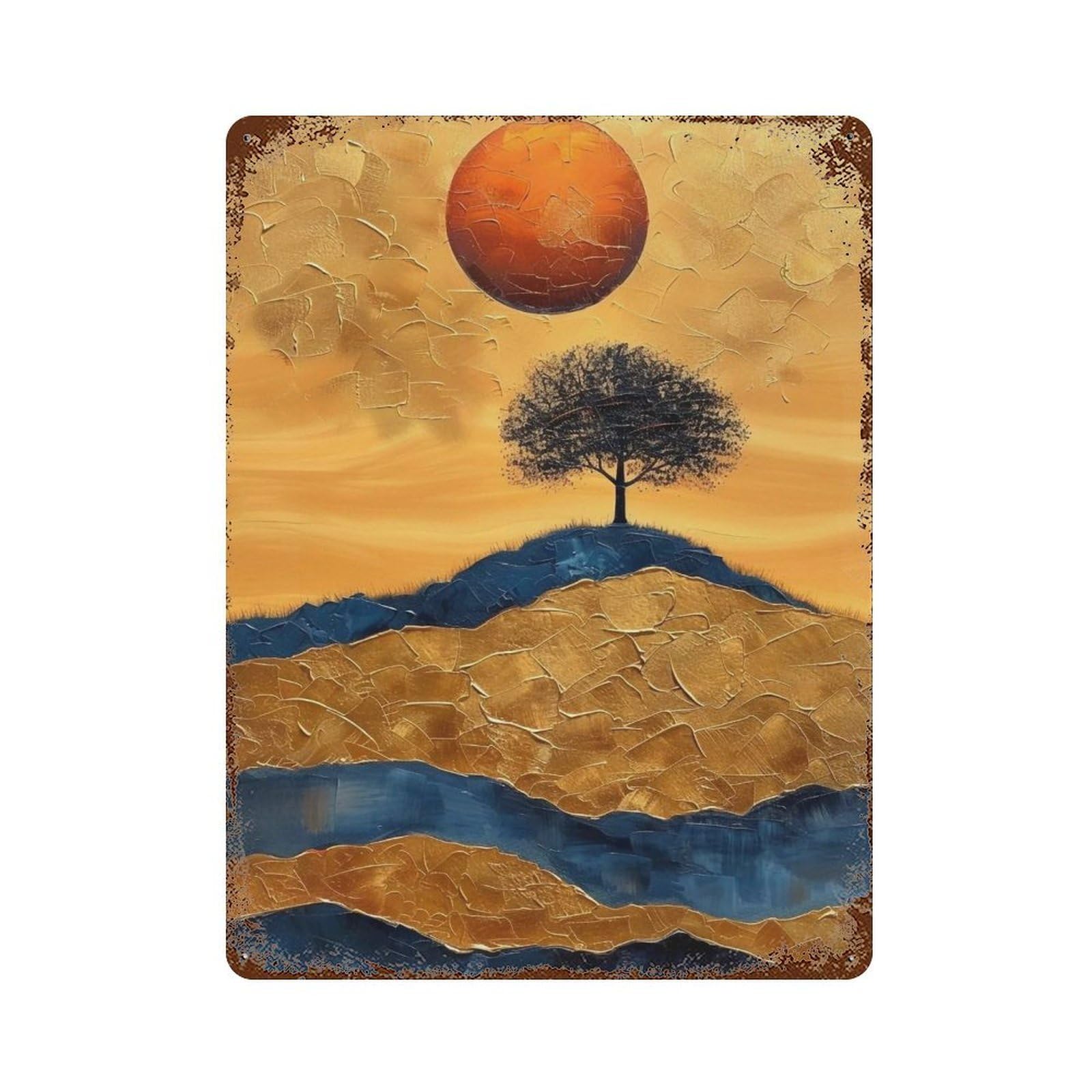 WUJHGRSG Gilded Impasto Minimal Lone Tree Red Sun Rolling Hills 01 Wall Art Retro Iron Vintage Metal Tin Sign Poster Modern Decor for Home Cofffee Club Bar Shop Style 40x30cm