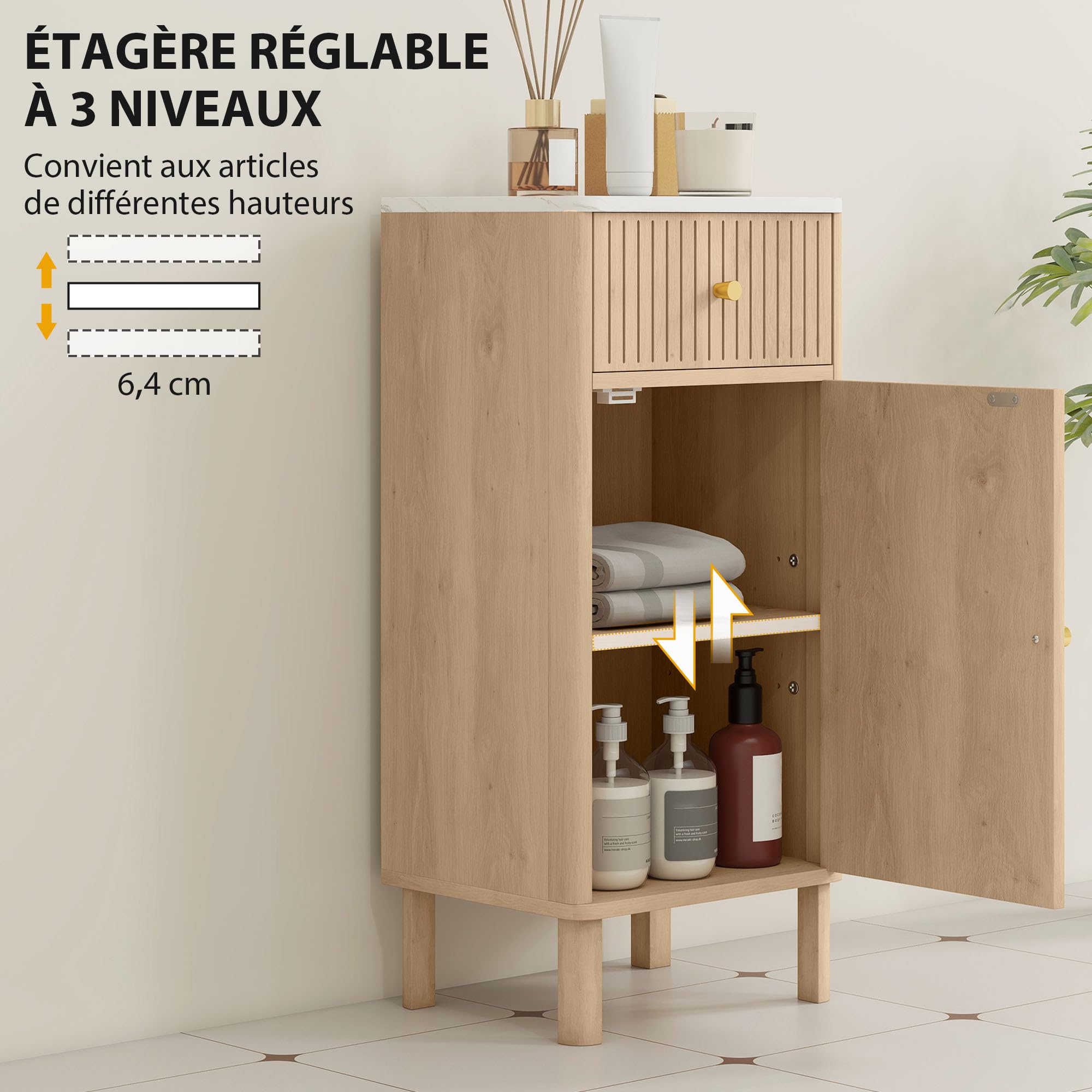 HOMCOM Meuble de Salle de Bain Plateau Effet Marbre 36 x 30 x 80 cm Chêne