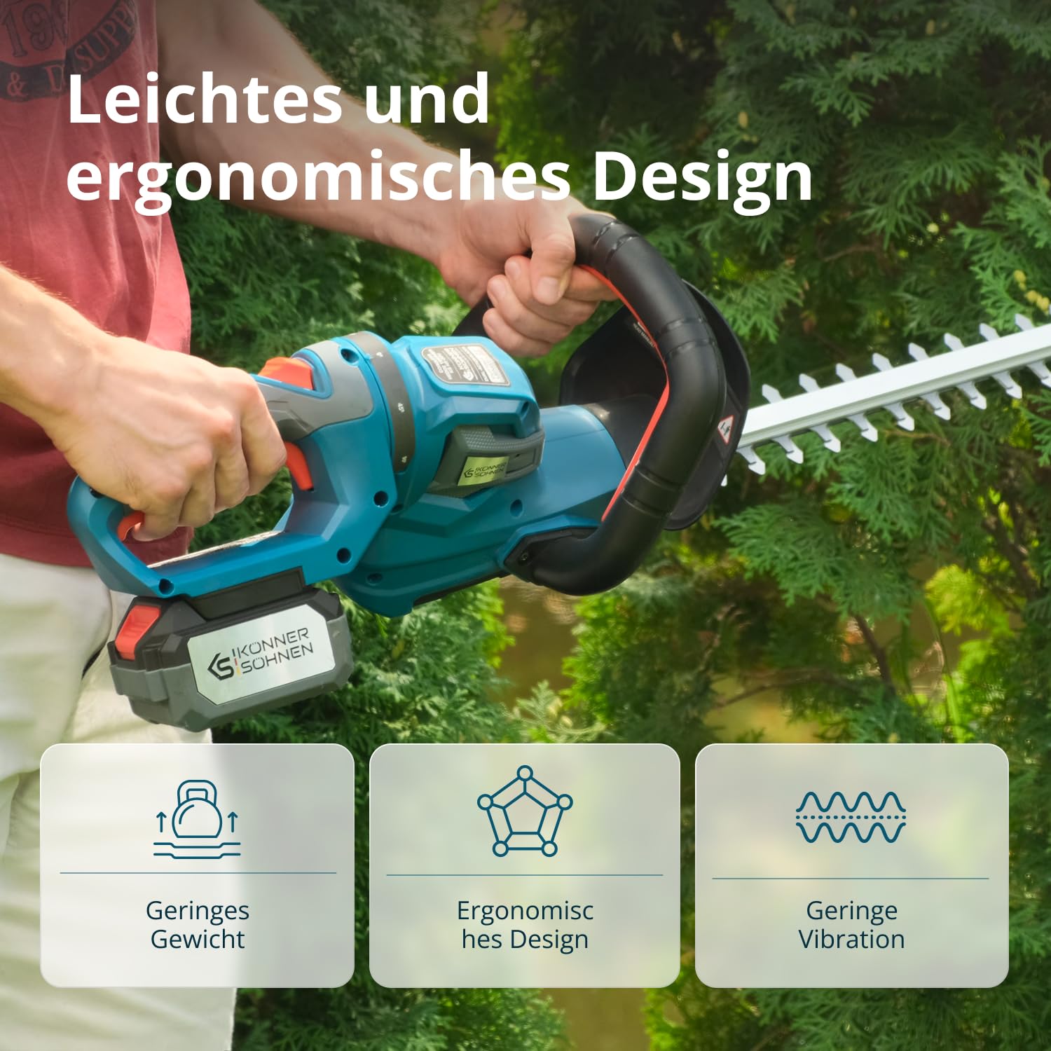 Akku-Heckenschere KS HT-20V, Nennspannung 20 V, Leerlaufgeschwindigkeit 1550 Hübe pro Minute, Schnittlänge 22” (55 cm), Maximaler Schnittdurchmesser 16 mm