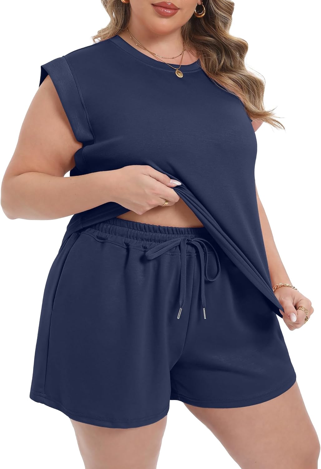 OLRIK Plus Size Short Sets for Women 2 Piece Matching Sets 2026 Trendy Summer Outfits Drawstring Sweatsuit with Pocket - Image 4
