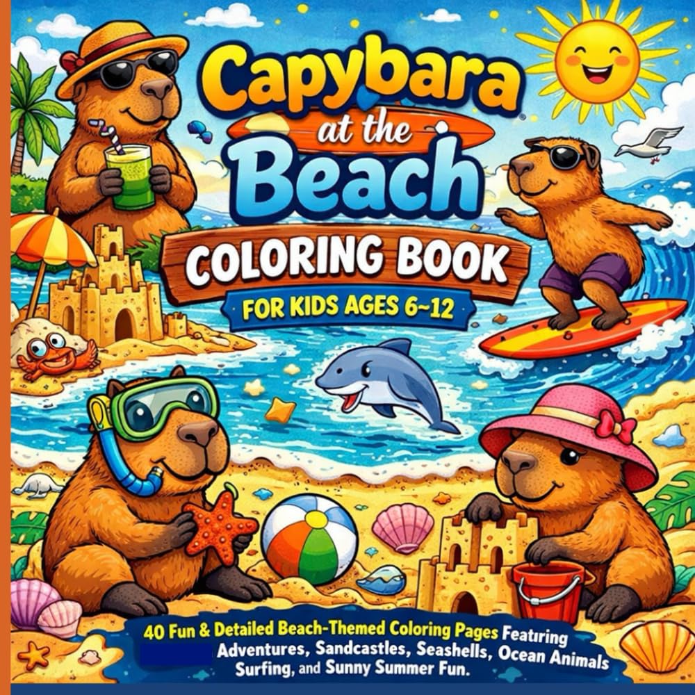 Capybara at the Beach Coloring Book for Kids Ages 6-12: 40 Fun & Detailed Beach-Themed Coloring Pages Featuring Adventures, Sandcastles, Seashells, ... Summer Fun (My First Capybara Coloring Books)