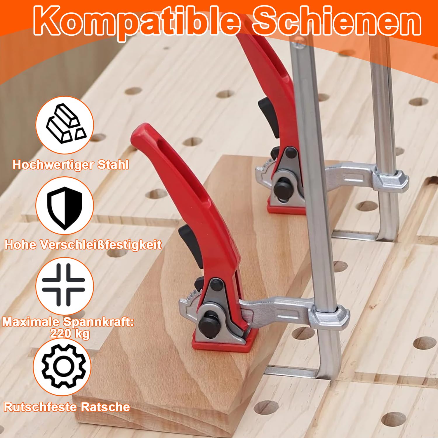 Set di morsetti per tavolo a cricchetto, 2 pezzi, 60 – 160 mm, leva a sgancio rapido, per tavolo MFT e sistema di guide