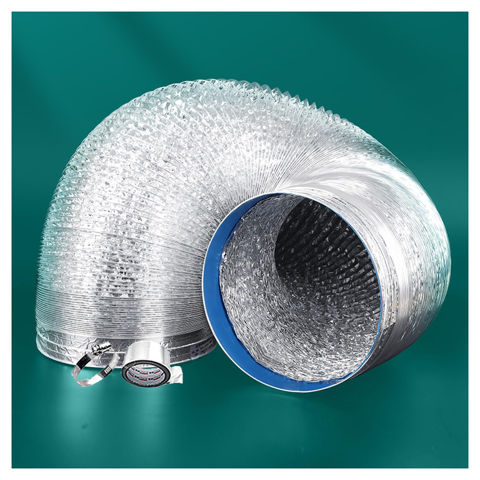 Flexible Aluminum Ducting Hose Flex Air Stretch Aluminum Foil Ducting Dryer Vent Hose for Tumble Drier, Cooker Hood, Extractor Fan, Silver, with 1 Clamps and 1 Tape(5m,100mm)