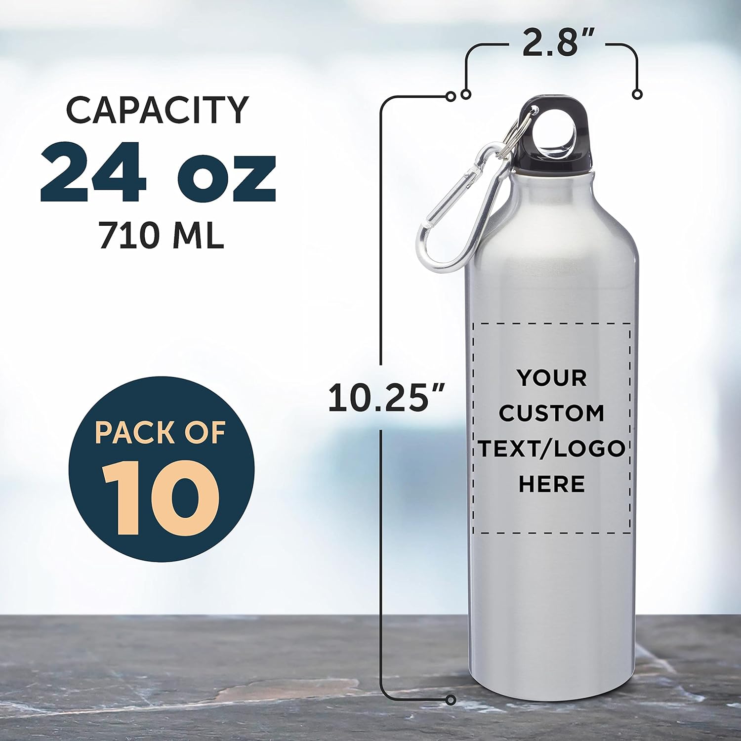 DISCOUNT PROMOS Custom Aluminum Water Bottles with Carabiner 24 oz. Set of 10, Personalized Bulk Pack - Perfect for Gym, Hiking, Camping, Running, Mountain Bike, Outdoor Sports - Silver - Image 5