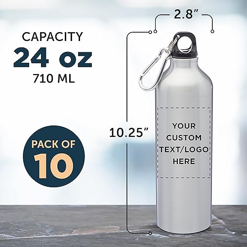 Miniatura 5 de DISCOUNT PROMOS Botellas de agua de aluminio personalizadas con mosquetón de 24 onzas, juego de 10, paquete personalizado a granel, perfectas para