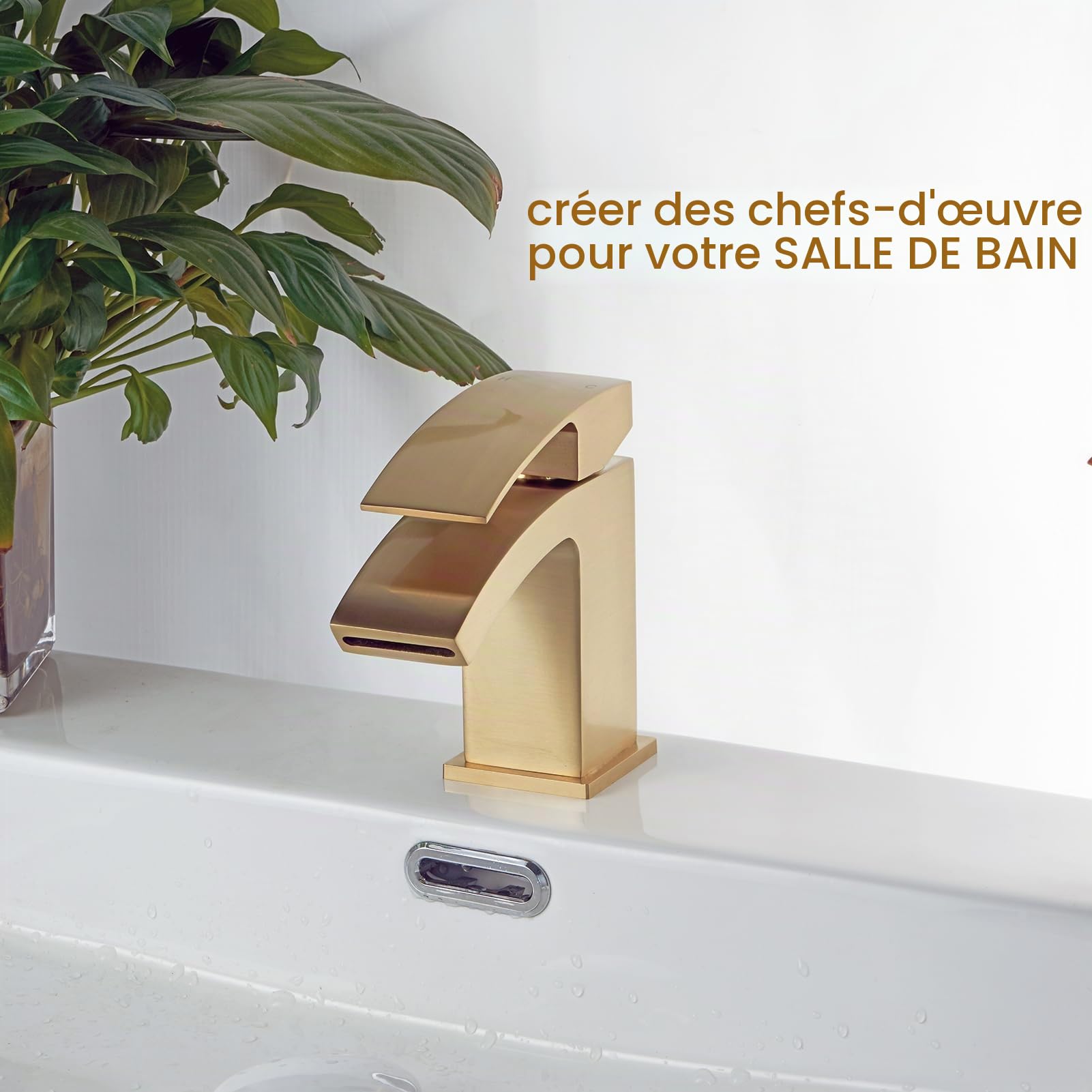 322X Robinets d'évier cascade bouche-vidage pop-up, robinet monobloc laiton doré