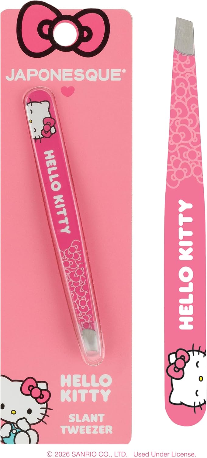 Japonesque Hello Kitty® Slant Tweezers Full Size | Precision Professional Quality Slant Tip Tweezer for eyebrows and women's facial hair; Stainless Steel