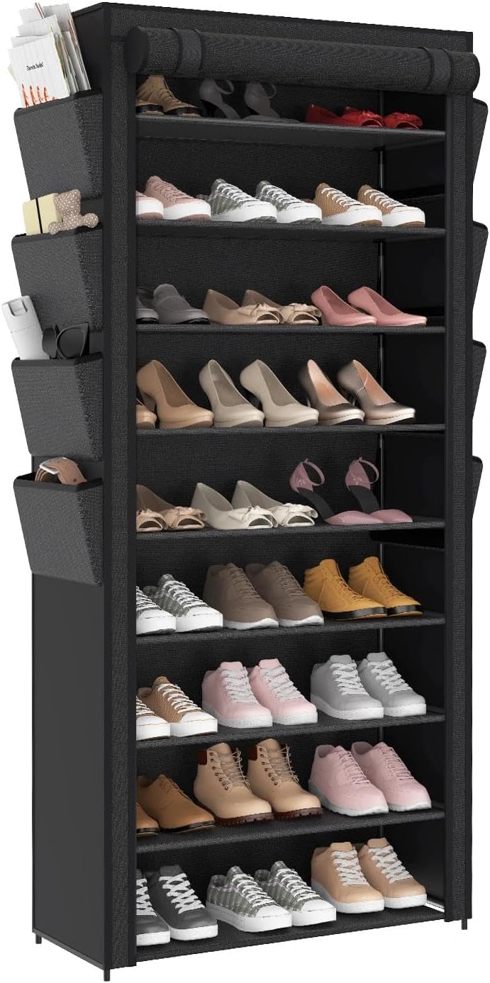 Tall Shoe Rack with Cover - 9 Tiers Shoe Organizer Large Capacity Storage 30-45 Pairs and Boots Vertical Shoe Cabinet for Closets, Garage, Entryway, Dorm, Bedroom 8 Side Pockets