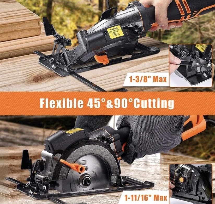 Mini circular saw showing adjustable cutting depth and bevel angle