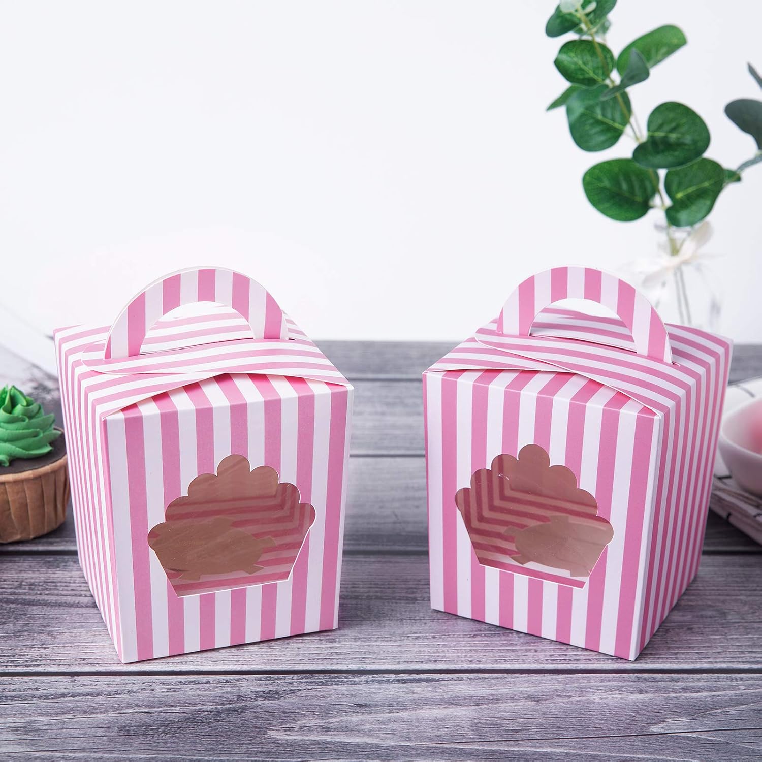 ONE MORE Large Single Cupcake Boxes Containers,Pink Individual Cardboard Cupcake Box Carrier with Insert&Handles and PVC Window For Birthday and Party Favors Pack of 15
