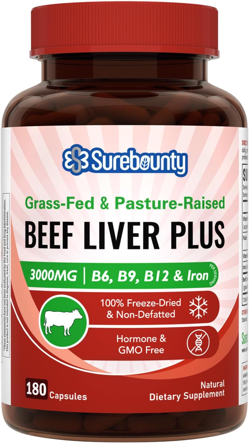 Grass-Fed & Pasture-Raised Beef Liver Plus, 3000 mg, Vitamin B6, B9, B12, Iron, No Hormone, Non-GMO, Non-Defatted, Freeze-Dried Liver Health Supplement, 180 Caps
