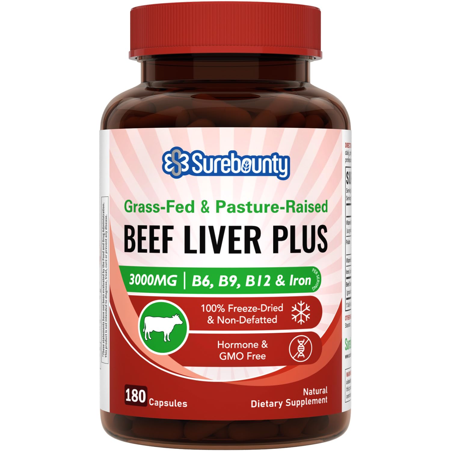 Grass-Fed & Pasture-Raised Beef Liver Plus, 3000 mg, Vitamin B6, B9, B12, Iron, No Hormone, Non-GMO, Non-Defatted, Freeze-Dried Liver Health Supplement, 180 Caps