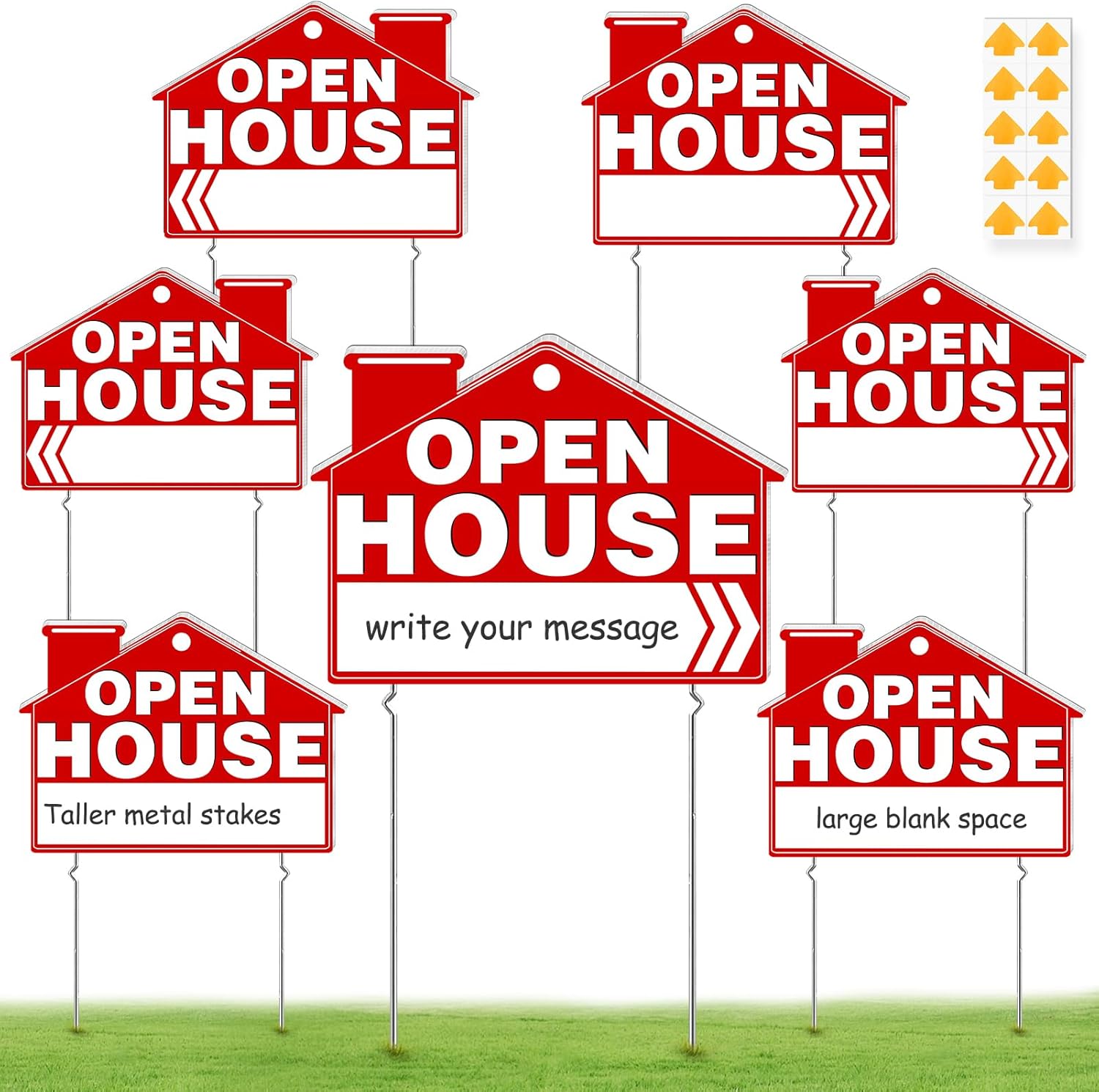 Remiawy Open House Signs for Real Estate, 7 Packs 17" x 13" Large Double Sided Yard Signs with Metal Stakes Weather Proof Open House Sign with Directional Arrows for Real Estate Agent Property Sale