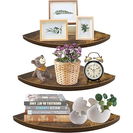 Wall Mount Floating Corner Shelves Set of 3, Hanging Rustic Wall Storage Shelf Decor for Bedroom, Living Room, Bathroom, Kitchen